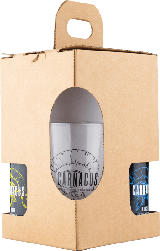 Lot pour Noël avec trois bières et un verre Carnacus